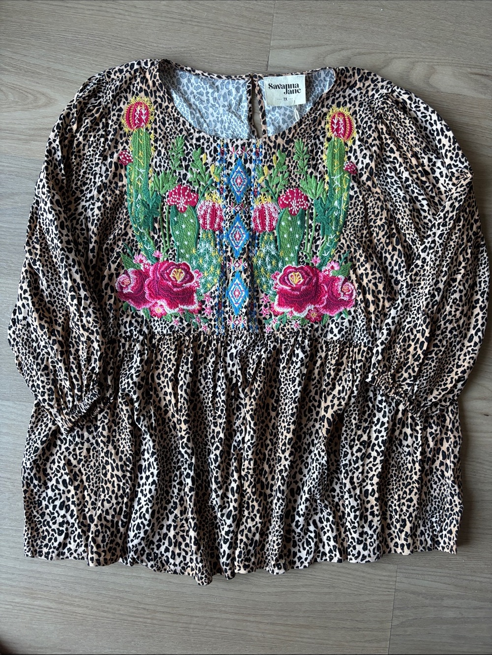 NWT Savanna Jane Leopard Boho Embroidered Blouse size 2X